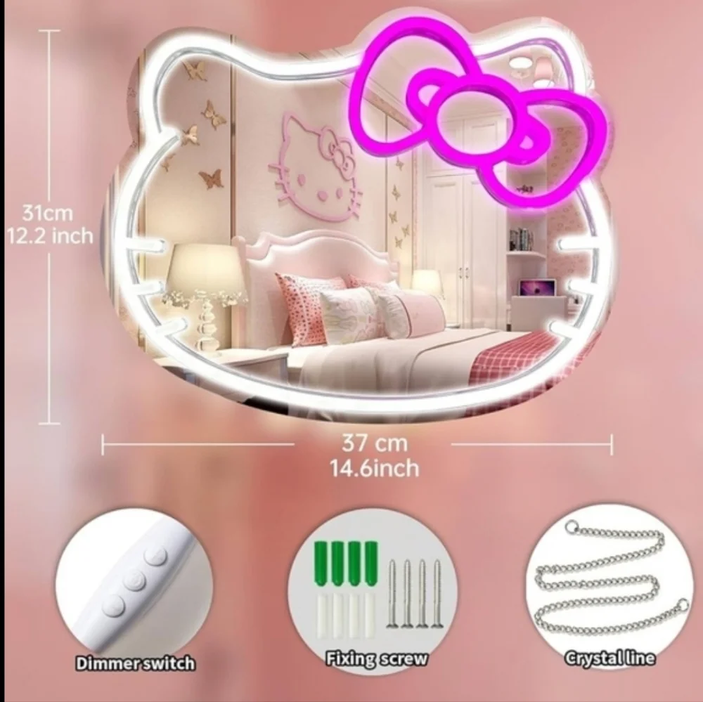 Anime Hello Kitty Mirror, Light Neon Sign Wall Decor, Neon Mirror with Dimmable.
